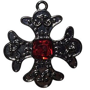 Antique Silver Tone Cross Pendant Red Gemstone Center Gothic Fashion Jewelry